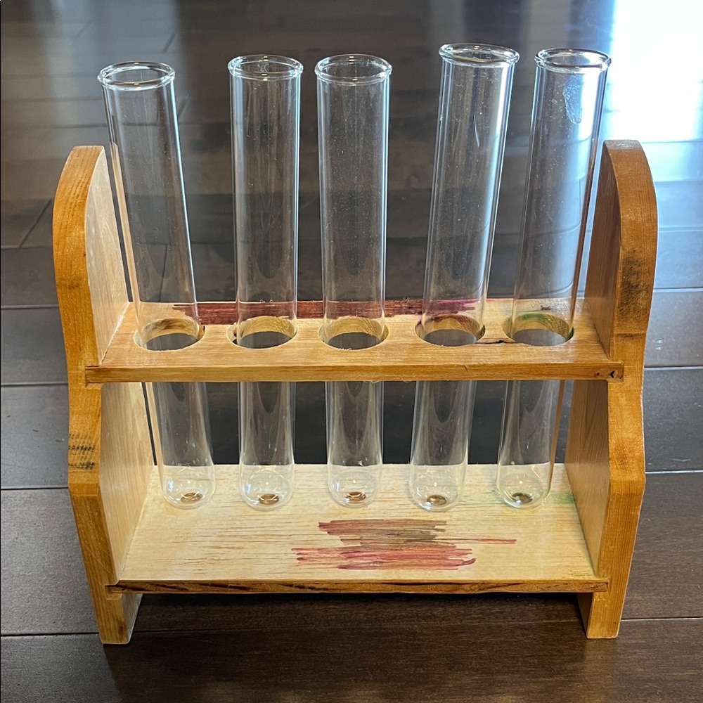 Vintage Wooden Test Tube Holder with 5 Glass Tubes